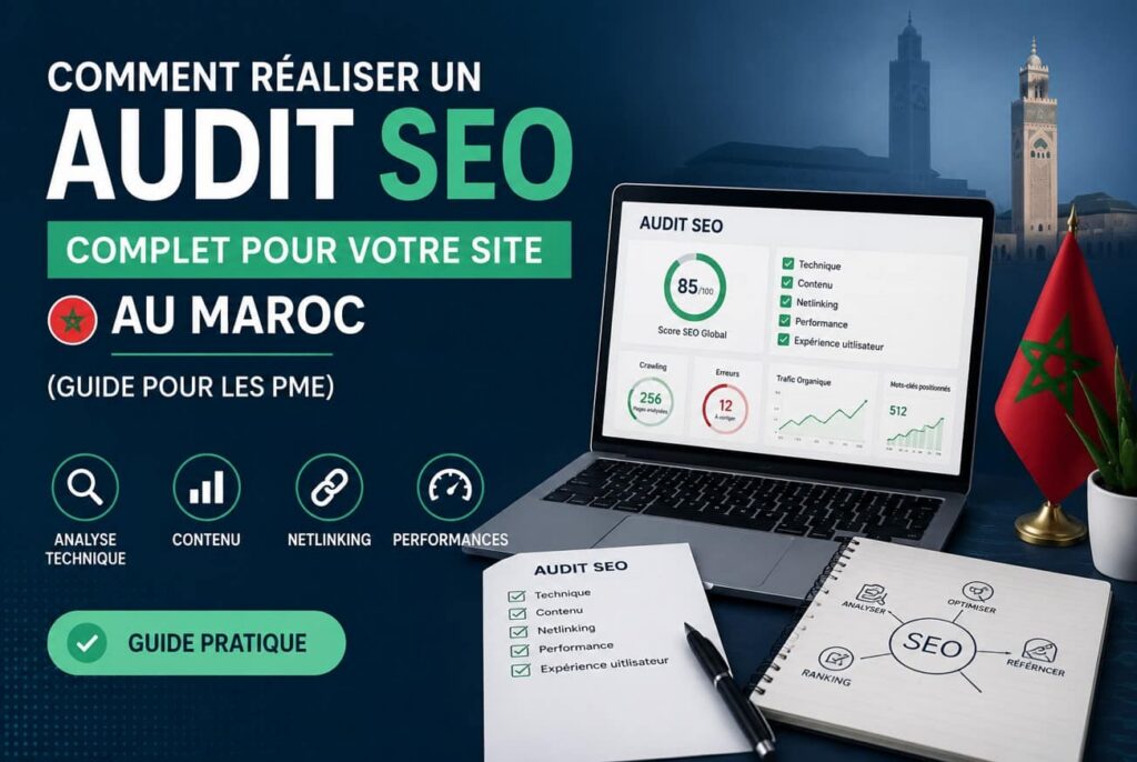 Infographie explicative sur comment réaliser un audit SEO au Maroc pour les PME, illustrant un ordinateur portable affichant des données d'analyse web, un carnet de notes et le drapeau marocain.