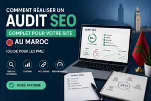 Infographie explicative sur comment réaliser un audit SEO au Maroc pour les PME, illustrant un ordinateur portable affichant des données d'analyse web, un carnet de notes et le drapeau marocain.
