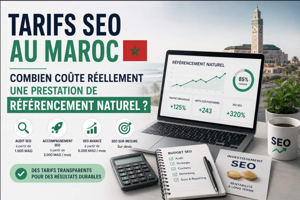 Infographie détaillée présentant les tarifs spécialiste SEO au Maroc avec un ordinateur portable affichant des graphiques de performance, une calculatrice et les différentes formules de référencement naturel.