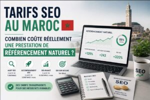 Infographie détaillée présentant les tarifs spécialiste SEO au Maroc avec un ordinateur portable affichant des graphiques de performance, une calculatrice et les différentes formules de référencement naturel.