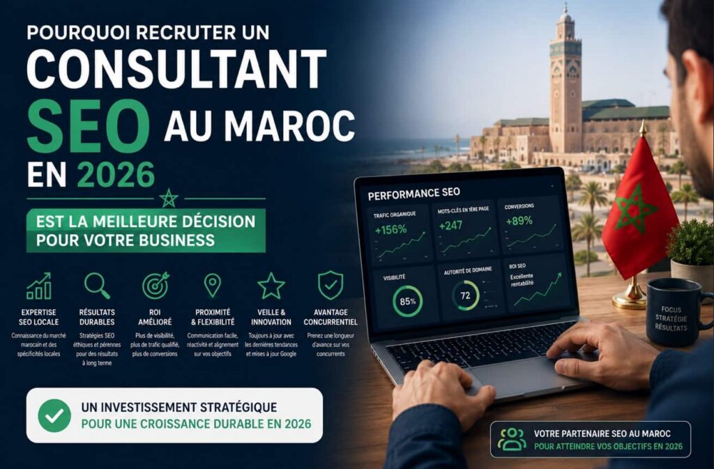 Infographie expliquant pourquoi recruter un Consultant SEO au Maroc en 2026 est une décision stratégique pour la croissance d'un business, avec des indicateurs de performance sur un ordinateur portable.