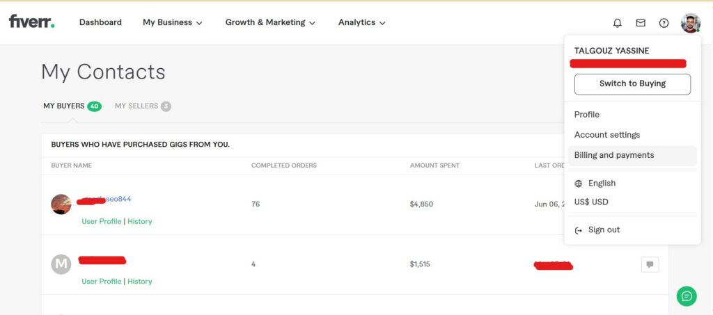 Capture d'écran de l'interface de gestion de contacts affichant la liste des clients freelance Fiverr du prestataire Talgouz Yassine.