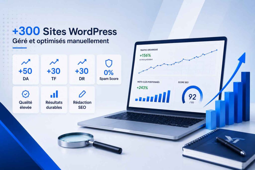 Graphique de performance SEO illustrant le déploiement et la gestion manuelle de 300+ sites d'autorité WordPress avec une croissance du trafic organique.