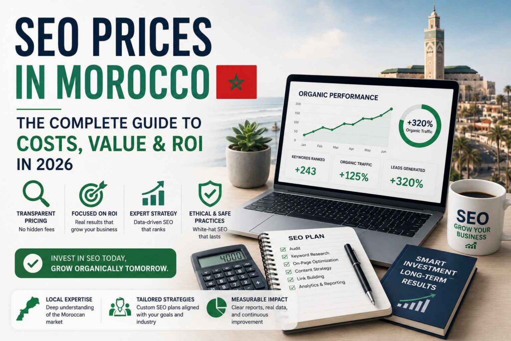 A workspace desktop displaying a guide on 'SEO Prices in Morocco' alongside a laptop showing a +320% organic traffic increase, illustrating the value of a strategic SEO Pricing in Morocco model for local business growth.