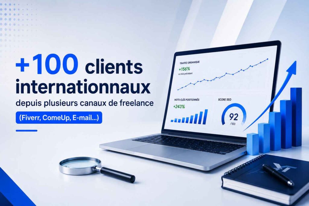 Un ordinateur portable affichant des graphiques de croissance de trafic organique et un score d'analyse pour illustrer des services expert seo réussis.